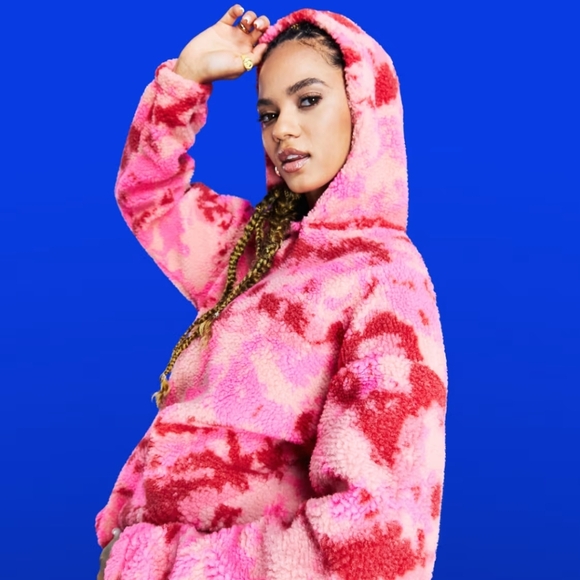 ASOS 4505 Ski Tie Dye Borg Mock Hooded Top Sweatshirt Teddy Pullover Size 6 / M - Picture 1 of 9